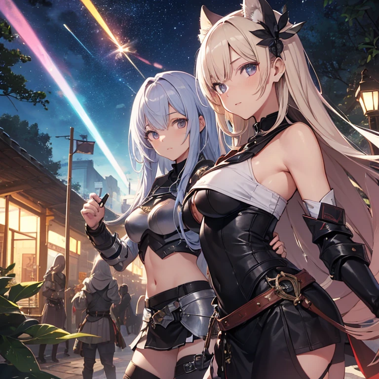 A group of young female knight, (in forest), various hair styles, harem, wearing armored clothes, metal armor, night, details face, , short skirt, seducing, sword, sleeveless , showing armpits, midriff, night, starry night