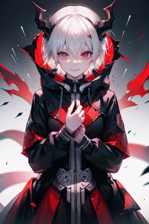 a female character, hoodie, blood rain, vempire smile, silver hair, devil hornes, background place in hell, hell queen dressup, lighting devil eye, fire rain, engery emotions, full upper body, age 18, tite body, with power