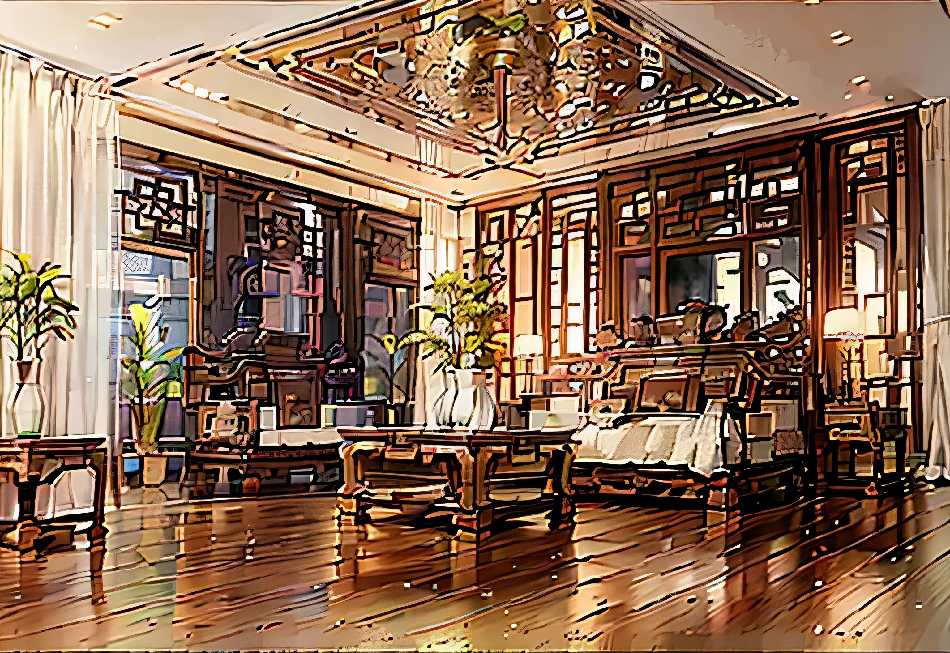 A large room with wooden floors and large windows, peaceful cabin, Detailed Unreal Engine 5 rendering, Beautifully detailed rendering, Luxury chalet, wooden house, Chinese style, Very detailed, Unreal Engine 5 Rendering, Unreal Engine 5 height rendering, incredibly beautiful, Unreal 5 engine rendering, Unreal Engine 5 High Rendering, Beautiful aesthetic design, Unreal Engine realistic rendering