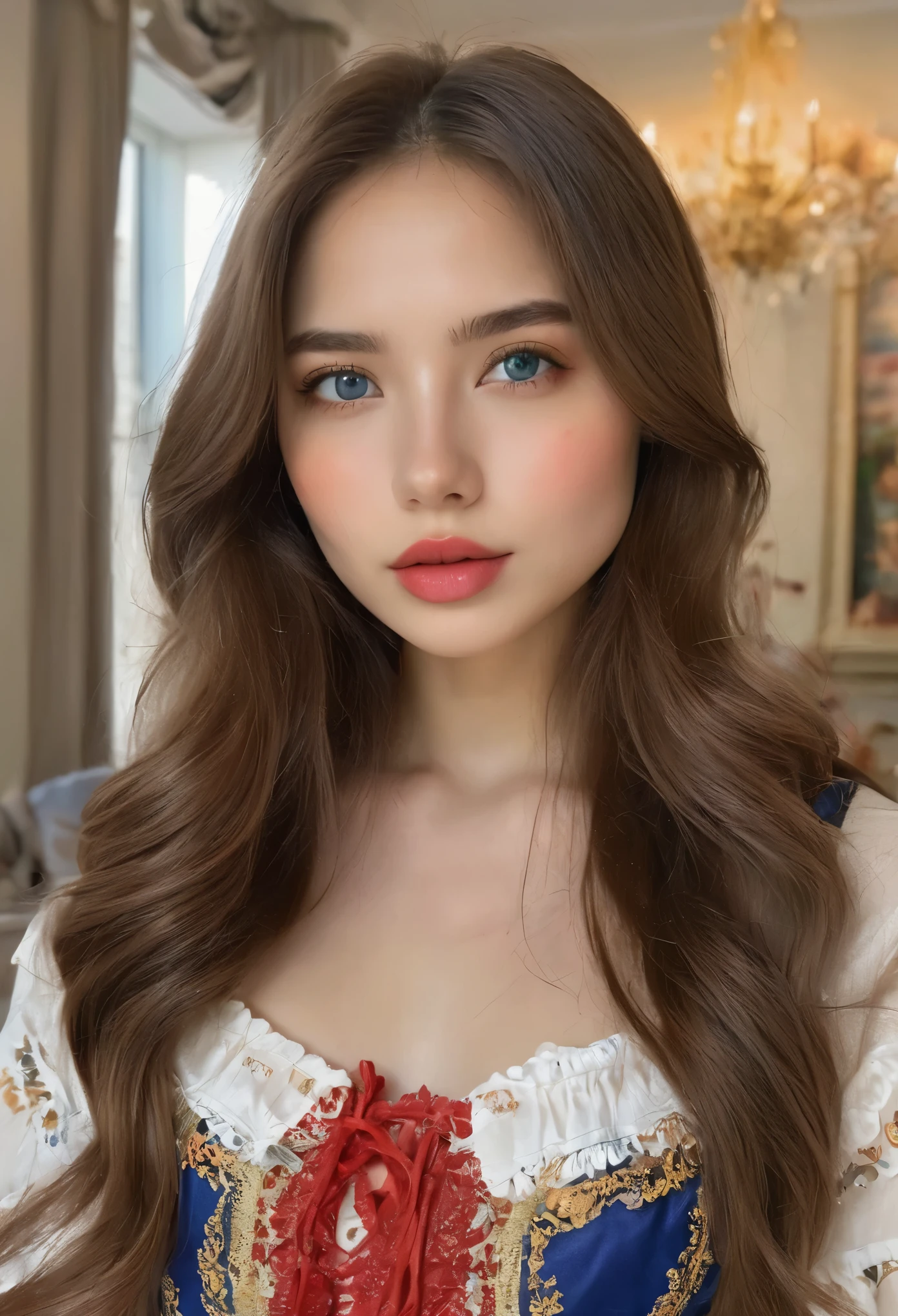 (highest quality, 4k, 8K, High resolution, masterpiece: 1.2), (Super detailed, realistic, realistic:1.37)Seductive young girl, Wearing a striking red and blue ensemble, Stand in front of the window with toughness and determination. Her mesmerizing eyes are exquisitely crafted, Capture every sparkle and depth, her lips、It boasts a detailed beauty that is captivating and enchanting.。. The level of detail is across the entire face, Each contour and feature is perfectly and meticulously rendered., Create a sense of hyperrealism that draws viewers in. 

girls&#39; clothes, Reminiscent of oil painting art, It is a work of art in itself. material, Skillfully expressed with vivid brush strokes, Adds a touch of dynamism to her overall look. It truly reflects the artist&#39;s talent, show off your skill