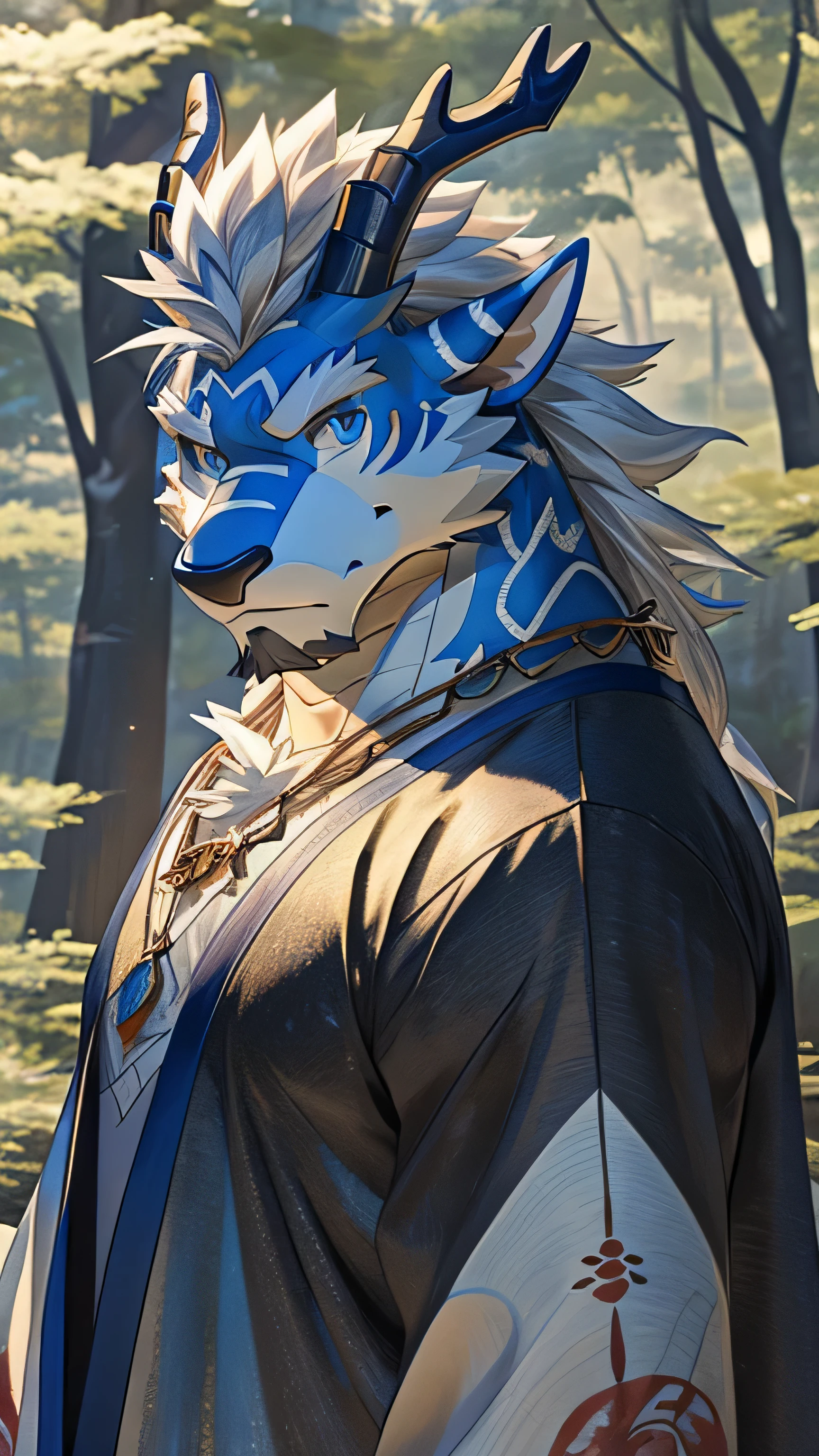 Solo, dragon, eastern dragon male, gray hair, white body fur, muscular male, elder male, light blue eyes, wearing black Hanfu, gray fur tuft, eastern necklace, forest background, ( masterpiece, 8k, hd), Looking at viewer,  detailed face, detailed eyes, detailed hair, detailed muscles, detailed clothes,