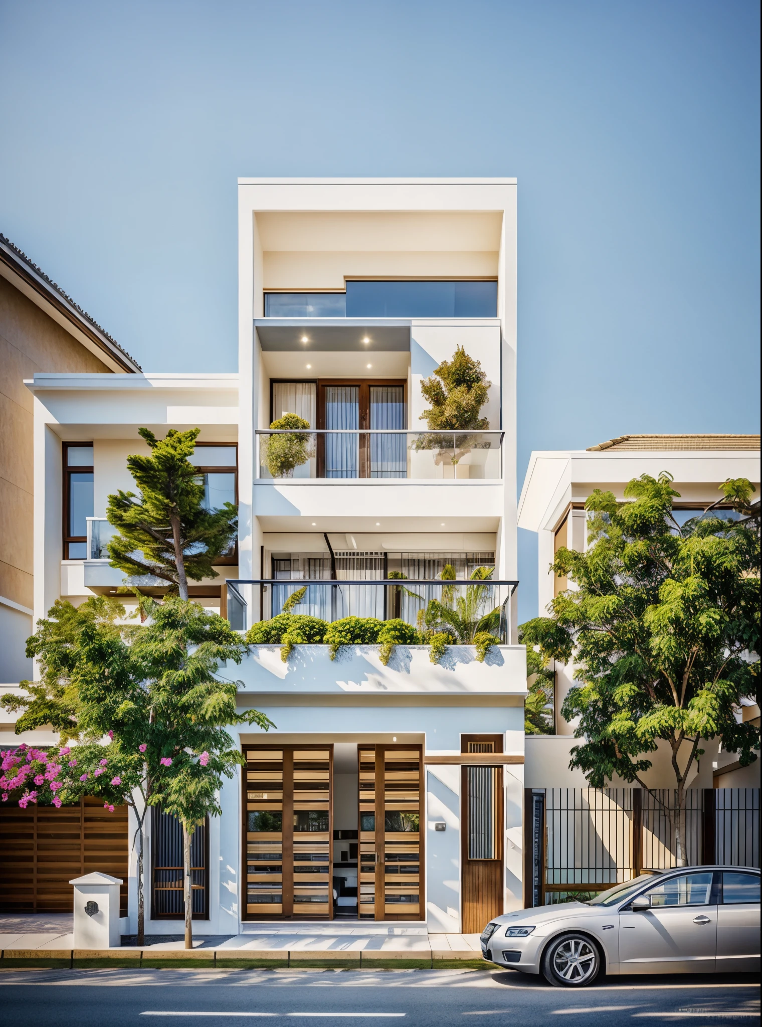 1 neoclassical style house, The town house is made from white walls, beautyful light, beautyfulday, sunny, Many red bougainvilleas along the road:1.3, lovely youthful feeling :1.2, sunlight at 12 noon, Very beautiful shadows