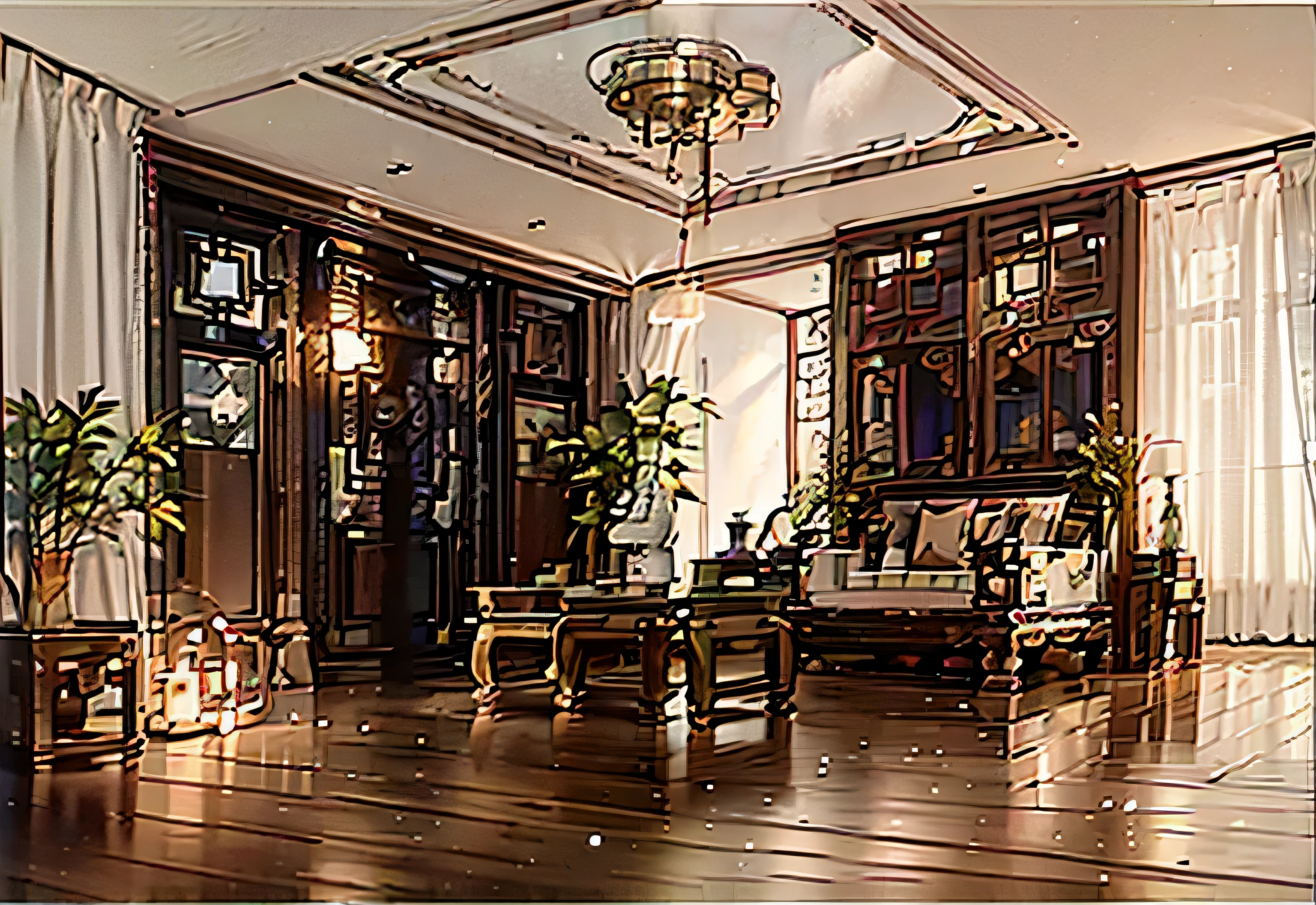 A large room with wooden floors and large windows, peaceful cabin, Detailed Unreal Engine 5 rendering, Beautifully detailed rendering, Luxury chalet, wooden house, Chinese style, Very detailed, Unreal Engine 5 Rendering, Unreal Engine 5 height rendering, incredibly beautiful, Unreal 5 engine rendering, Unreal Engine 5 High Rendering, Beautiful aesthetic design, Unreal Engine realistic rendering