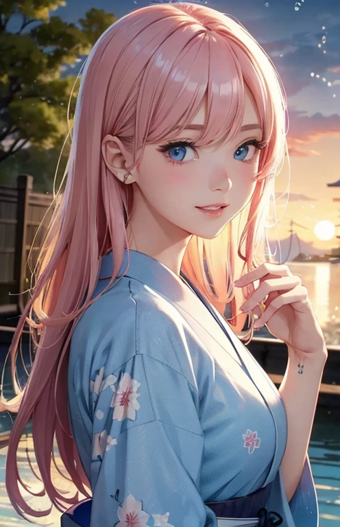 masterpiece、highest quality、High resolution、high quality images、8K, 1 female、skin luster、Texture of skin and clothing、Expression of fine eyes、Shiny pink hair,long hair girl, Manga inspired by Lee Jong-suk, trending on deviantart, realism, detailed manga style, manga art style, perfect line drawing, beautiful line drawing, digital manga art girl, K-POPアイドル, dress, Beautiful blue eyes, plump lips, detailed gorgeous face, (cute smile), charm, innocent, Side view, (perfectly detailed face), (fine hands) photorealistic images, Depth of written boundary, half up hairstyle, yukata ,(firework,Goldfish,bubble),(outdoor,fan,Jean Frame),(Traditional Japan atmosphere:1.2),(sunset: 1.1))