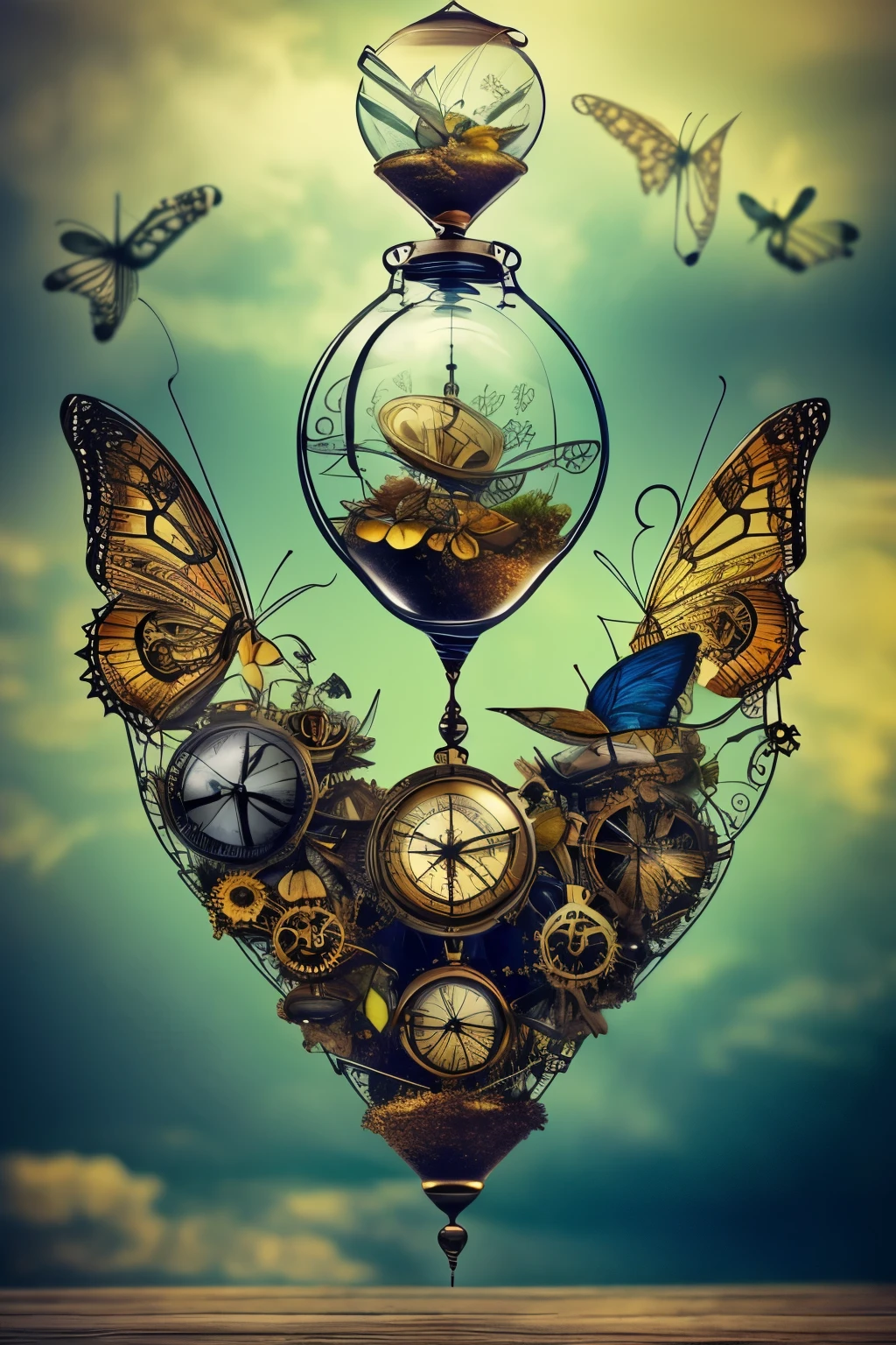 steampunk butterflies in a surreal landscape with an hourglass, a compass and double exposure, insane details