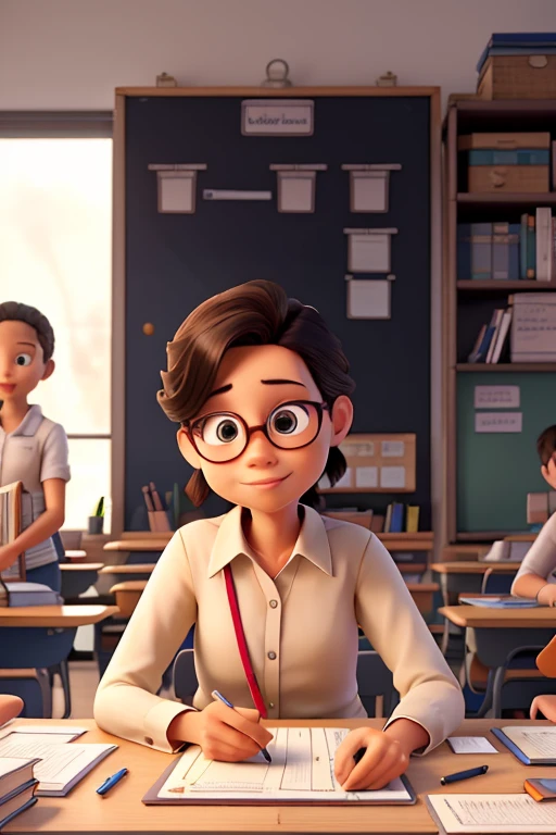 Depict a teacher at a desk, surrounded by lesson plans, textbooks, and curriculum guidelines.
Show the teacher brainstorming ideas and jotting down notes.
Include labels like "Learning Objectives," "Assessment Strategies," and "Differentiation."