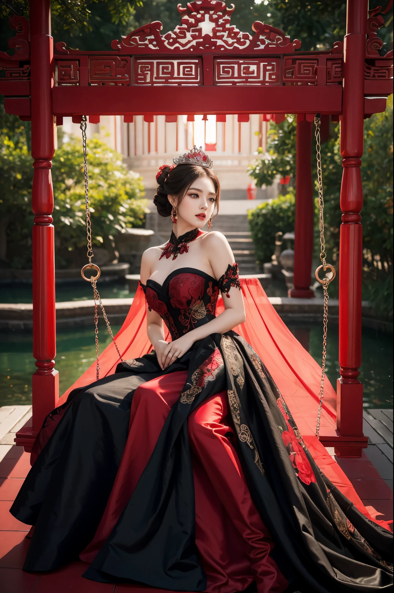 arafed woman with bustier gigantic breast in a corset and dress in front of a building, wearing an ornate outfit, ornate dress, intricate dress, elegant corset, ornate and elegant, extravagant dress, inspired by Hedi Xandt, ornate attire, intricate outfit, ornate royal gown, ornate clothing, ornate gown, intricate and elegant, intricate detailed dress, ornate , royal dress, masterpiece, best quality:1.2),,(8k,highres,RAW photo,realistic,photo-realistic:1.3),(detailed skin texture,detailed cloth texture,beautiful detailed face:1.25),professional lighting,photon mapping,beautiful soft light,radiosity,physically-based rendering,raytracing, model shoot style, model shoot style, (extremely detailed CG unity 8k wallpaper), full shot body photo of the most beautiful artwork in the world,