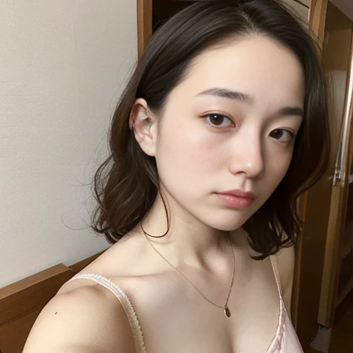 japanese woman、20-year-old、living、Selfie style、underwear、straight face、Loose and fluffy hair、necklace、Poor skin quality