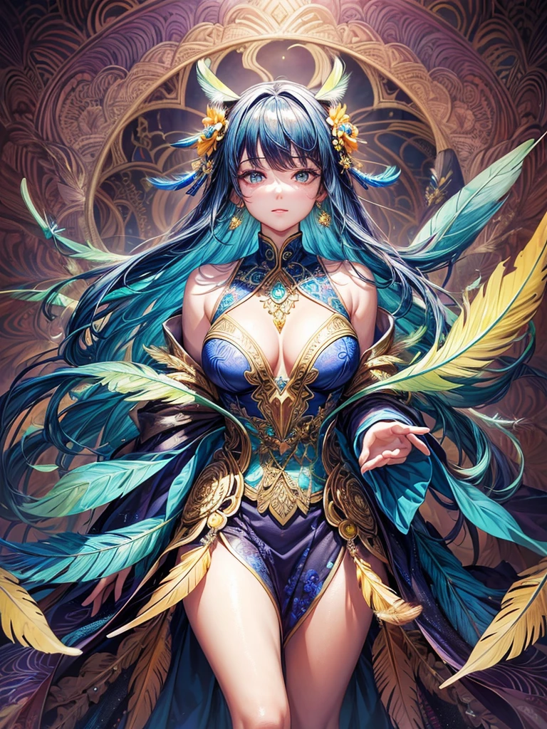 (masterpiece, top quality, best quality, official art, Beautiful and beautiful: 1.2), (1 girl: 1.3), blue and gold, Very detailed, (fractal art: 1.1), (rich and colorful: 1.1) (flower: 1.3), Extreme details, (Zentangle: 1.2), Long dress sleeves, (abstract background: 1.3), (shiny skin), (Many colors: 1.4), (earrings), (feather: 1.5), (Wind:1.3), emerald, long hair, wrapped in light, Detailed background, Phoenix dress, panda ears, 藍色的flower, Vivid eyes
