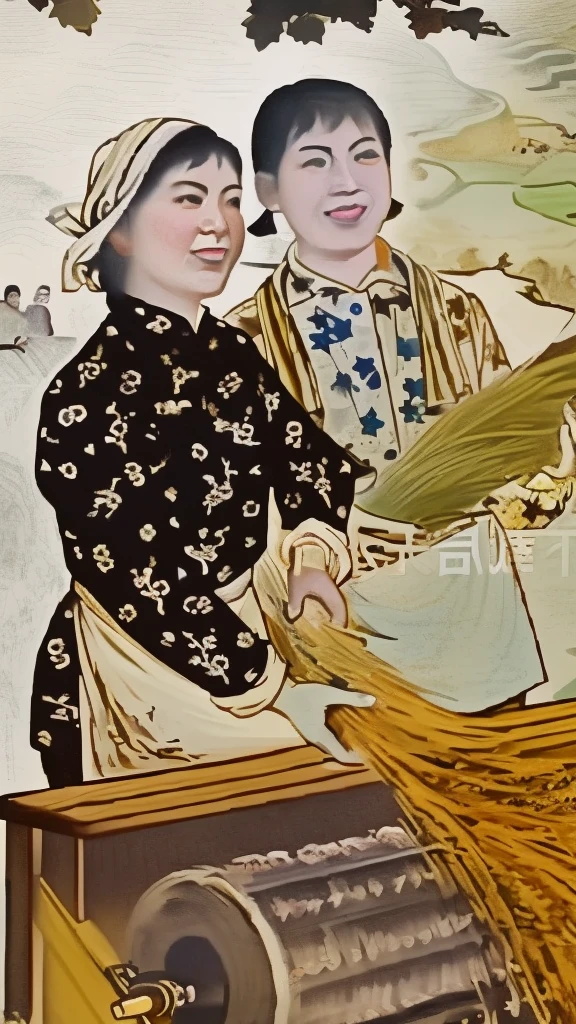 两名身着Tradition服饰的妇女正在采麦的画作, Tradition, by Liao Chi-chun, chinese woman, old chinese painting, inspired Xu Beihong, Poster, by Fang Congyi, author:Gu Zhengyi, Xu Beihong, Inspired by Gu Hongzhong, by Sheng Maoye,Remove watermark,Remove watermark,