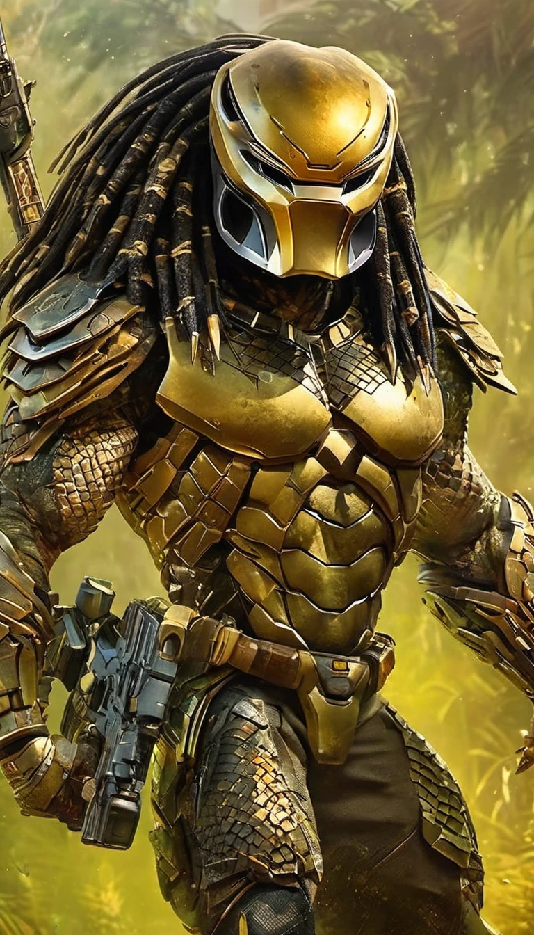 (masterpiece, highest quality:1.5), predator dorado, con armas en el hombro 