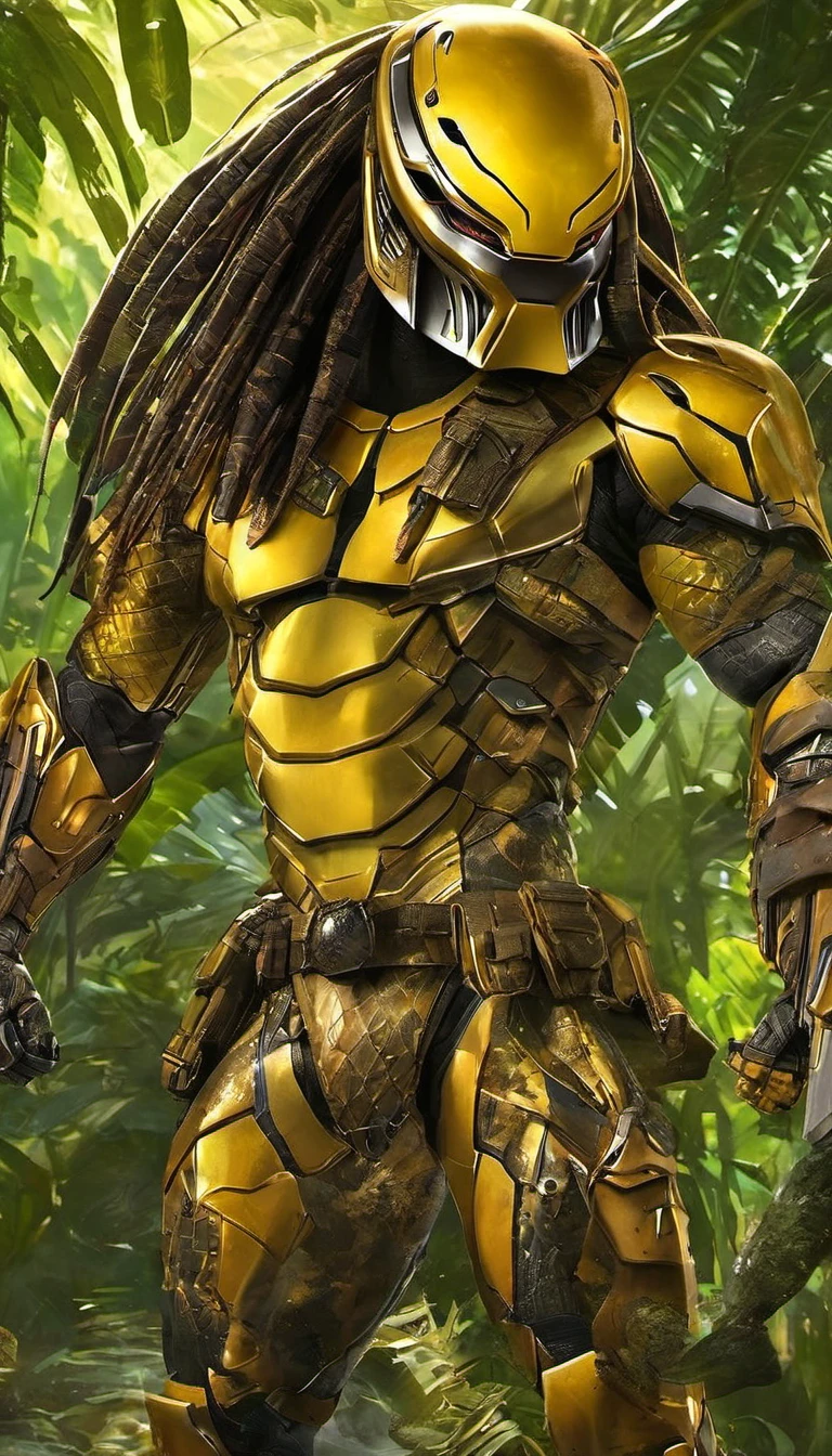 (masterpiece, highest quality:1.5), predator dorado, con armas en el hombro 