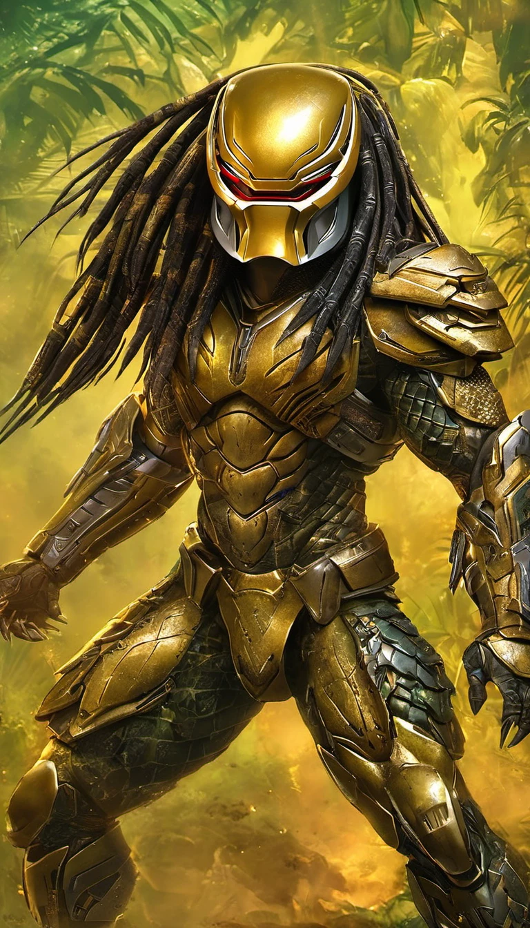 (masterpiece, highest quality:1.5), predator dorado, con armas en el hombro 