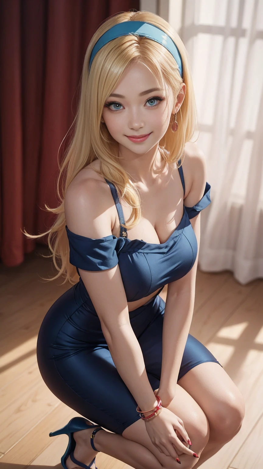 blonde hair, gradient hair, hair over shoulder, hair behind ear, longeyelashes, light smile, Surrealism, depth of field, atmospheric perspective, foreshortening, UHD, anatomically correct, highres, 16k、A 22-year-old extremely beautiful white woman、Her hair color is platinum blonde、blue eyeedium hair、straight hair、The hair is shiny、The skin is lustrous、smile、Slender but well-proportioned muscular body、Athlete-like body type、I don&#39;t want my head to disappear from the screen.、Wearing accessories on your wrist、Wearing red nail polish、I have a peticure、Gradient color hairstyle ((gradient hair))
、long hair ((long hair))、headband((hairband))、Wear an off-the-shoulder bodycon outfit、wear stiletto heels、pastel orange background、fold your arms、lick your lips((licking lips))、seductive smile((seductive smile))