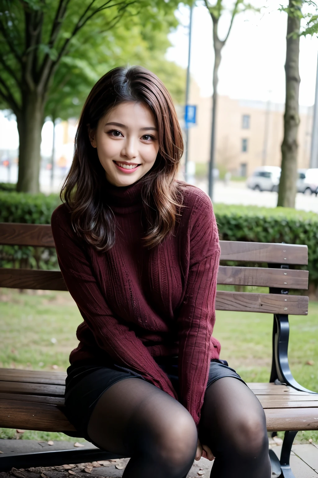 ulzzang-6500-v1.1, (highest quality: 1.3), (masterpiece: 1.3), (Super detailed: 1.3), (genuine:1.4), (pieces fly), 1woman、sunlight、Quiet park bench、spring fashion、Wearing super realistic pantyhose、amazingly beautiful woman、gentle smile、Premonition of romantic love、elation、enjoying、Filled with joy、Lots of fun、
