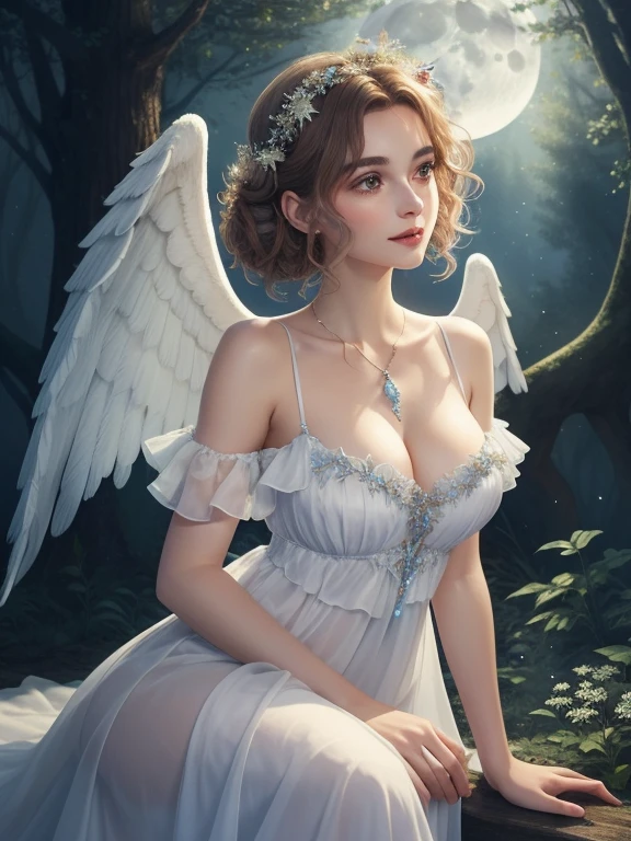 Picture Prompt: A cute French woman in an open-shoulder dress, adorned with angel's wings, immerses herself in the bewitching atmosphere of a moonlit bathing scene deep in the forest. Her pale, silky skin glows under the mysterious, magical world's moonbeams.

Captivating Visual Representation:

A beautiful French woman, her features as charming as a fairy tale heroine, dons an open-shoulder dress, the delicate straps barely holding up the pastel gown. The dress is adorned with intricate angel's wings, the feathers shimmering under the moonlight. Her chestnut curls cascade down