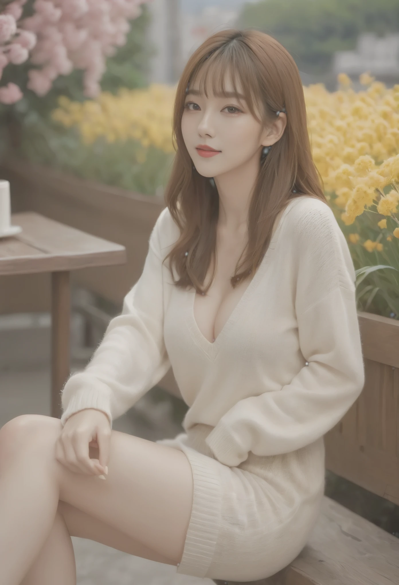 (8k RAW photo、Highest image quality)、((table top))、ultra high resolution、、movie、(20-year-old、narrow side、1 girl、long eyelashes、eye highlights)、natural skin texture、well-proportioned face、Clear eye and facial details、lipstick、(correction)、((long sleeve v neck knit))、light red eyeshadow、perm hair、Fluffy straight hair、beautiful hair、smile、I open my mouth a little、beautiful feet、 tall woman、Lean、thin legs、alone、(street、detailed background)、ample breasts、vivid background、brown hair、bangs、parted lips、The life-size details are written in depth.,sitting on the singing platform and looking at the flowers(8k RAW photo、Highest image quality)、((table top)、ultra high resolution、、movie、(20-year-old、narrow side、1 girl、long eyelashes、eye highlights)、natural skin texture、well-proportioned face、Clear eyes and facial details、lipstick、(correction)、((long sleeve v neck knit))、light red eyeshadow、Perm Hair、Fluffy straight hair、beautiful hair、smile、open your mouth a little、beautiful feet、 tall woman、Lean、thin legs、one person、(street、detailed background)、ample breasts、vivid background、brown hair、bangs、Parting lips、Life-size details are deeply written,Sitting on the stage looking at the flowers