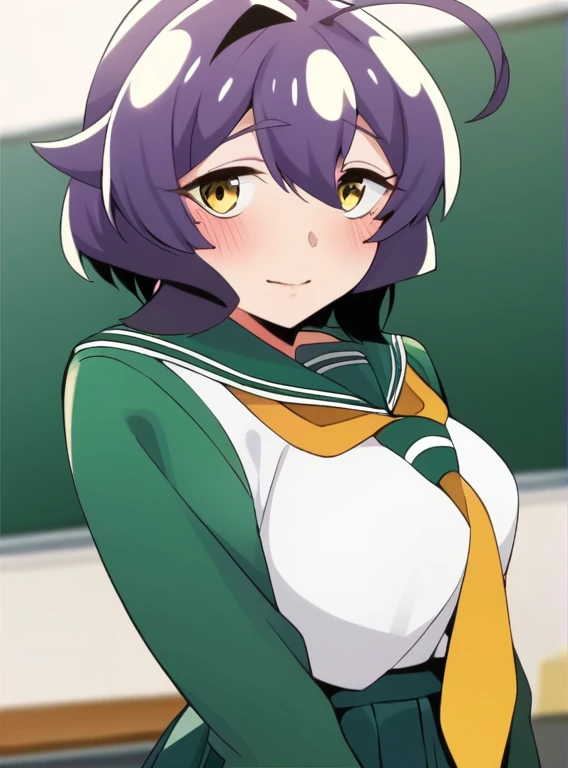 score_4, score_5, score_6, score_9, score_8_superior, score_7_superior, alone,  Utenasuru, short hair, purple hair, Ahoge, yellow eyes, green seraphuku, white shirt, long sleeve, pleated skirt, green skirt, long skirt,  yellow neckerchief,  , classroom, throw, Self snap, blush, nervous, looking at the viewer, 