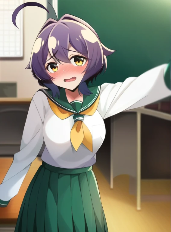 score_4, score_5, score_6, score_9, score_8_superior, score_7_superior, alone,  Utenasuru, short hair, purple hair, Ahoge, yellow eyes, green seraphuku, white shirt, long sleeve, pleated skirt, green skirt, long skirt,  yellow neckerchief,  , classroom, throw, Self snap, blush, nervous, looking at the viewer, 