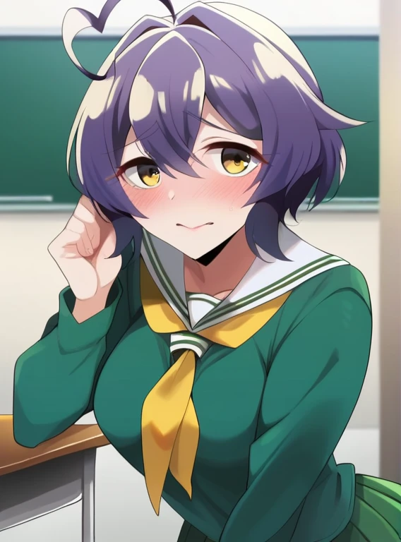 score_4, score_5, score_6, score_9, score_8_superior, score_7_superior, alone,  Utenasuru, short hair, purple hair, Ahoge, yellow eyes, green seraphuku, white shirt, long sleeve, pleated skirt, green skirt, long skirt,  yellow neckerchief,  , classroom, throw, Self snap, blush, nervous, looking at the viewer, 