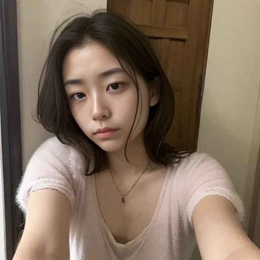 japanese woman、20-year-old、living、Selfie style、underwear、straight face、Loose and fluffy hair、necklace、Poor skin quality、sleepy face