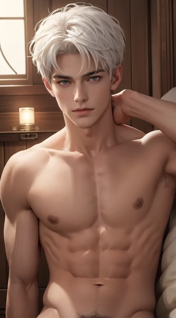 Full body photorealistic 4k, high resolution, best quality, masterpiece, perfect color, perfect shade, perfect lighting, Posted by e621, ((portrait)), ((handsome man)), perfect male figure, Short hair details,chest muscles,abdominal muscles,Naked torso,nudeness Detailed face, perfect face, (stood up), Detailed background, ((Bonifasco Lighting)), (delicate eyes)),white hair
