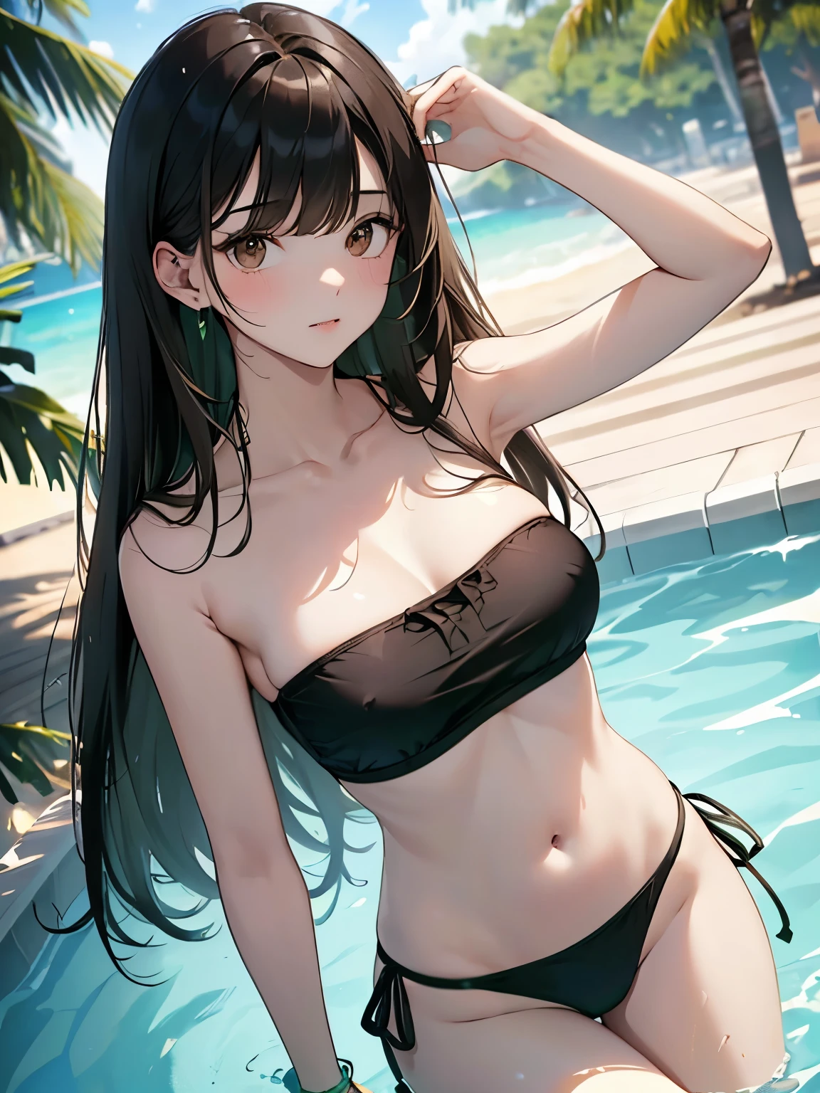 best quality, highres,Slender、brown eyes、tall、black hair、(No bangs:1.3)、(long hair:1.3),(straight hair:1.3),Inward roll、pool、(Green bandeau bikini:1.2)、standing position、summer、float ring、(Armpits:1.2)