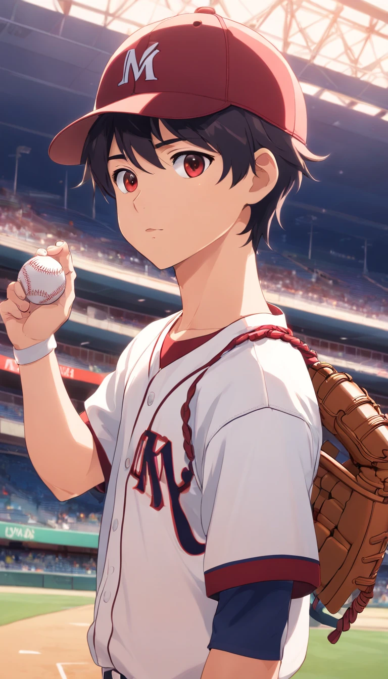 Baseball Player、White with dark red stripes、Boy wearing a baseball glove、