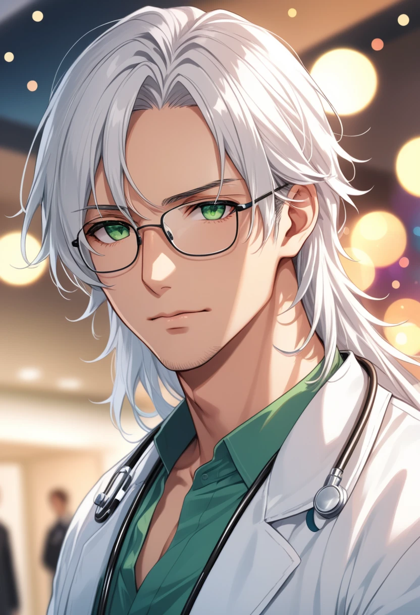 (masterpiece, best quality:1.2), (1boy), solo, 8k, white hair, ((long hair)), glasses, handsome male, very detailed, tall, doctor, anime style, at a hospital, white coat, blushing, beautiful green eyes, colorful, dynamic perspective, sharp focus, extremely detailed eyes and face, (depth of field, bokeh:1.3), bangs, from underneath, no focus