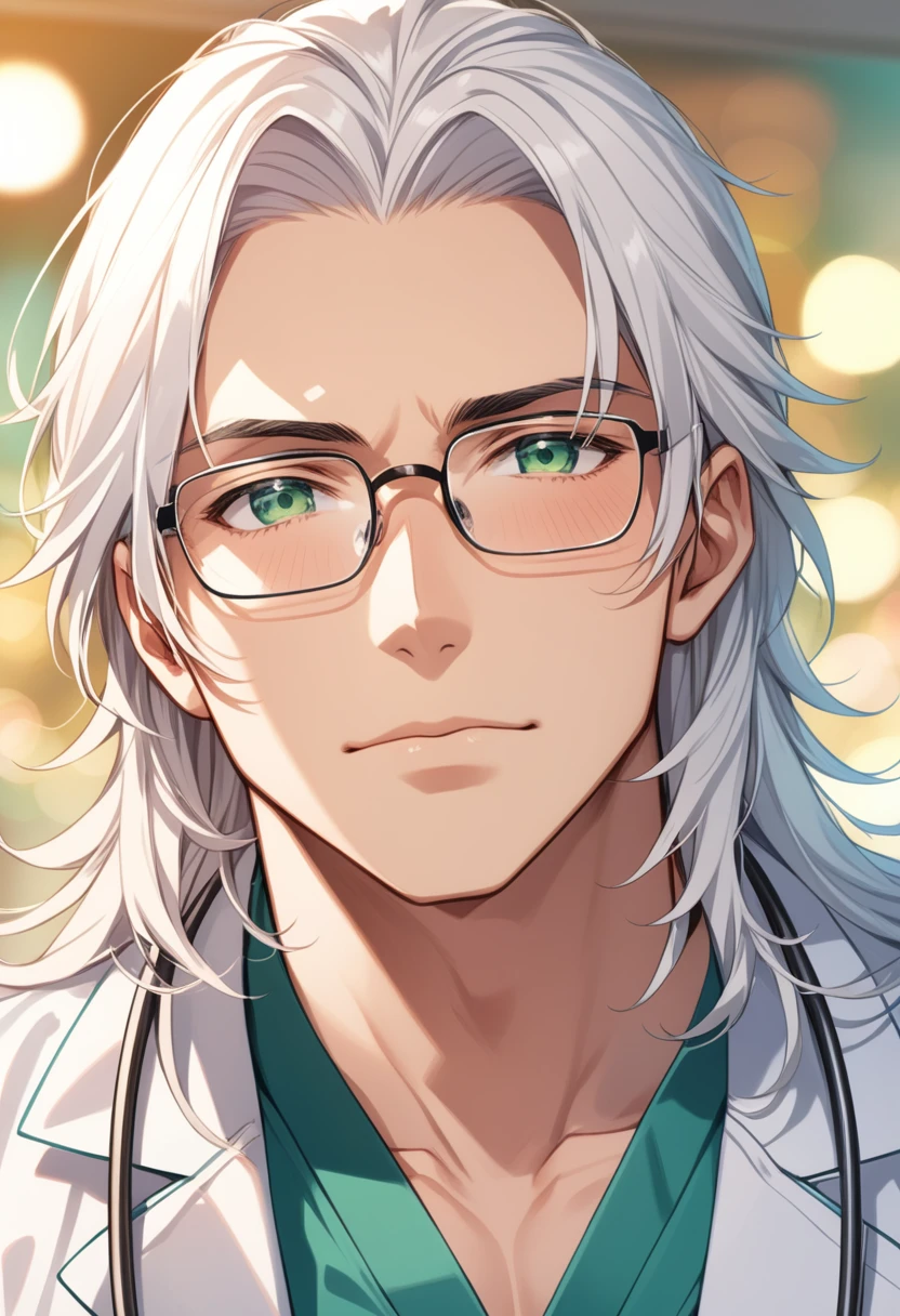 (masterpiece, best quality:1.2), (1boy), solo, 8k, white hair, ((long hair)), glasses, handsome male, very detailed, tall, doctor, anime style, at a hospital, white coat, blushing, beautiful green eyes, colorful, dynamic perspective, sharp focus, extremely detailed eyes and face, (depth of field, bokeh:1.3), bangs, from underneath, no focus