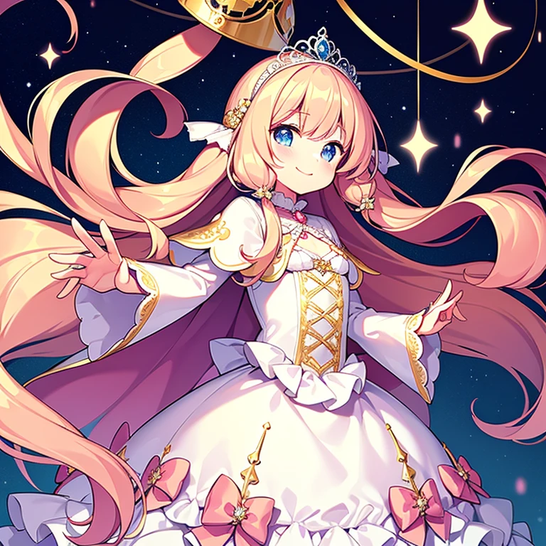 (kawaii),(best quality),(ultra detailed),(rococo style),(long train pastel pink cape:1.15), very long cape,(long train white ball gown with flower decorations:1.1), a girl is wearing a cape over her gown,(she has a western style fan:1.05), 1 little princess, tiara, smile, very long hair, small breasts, beautiful detailed eyes, beautiful detailed lips