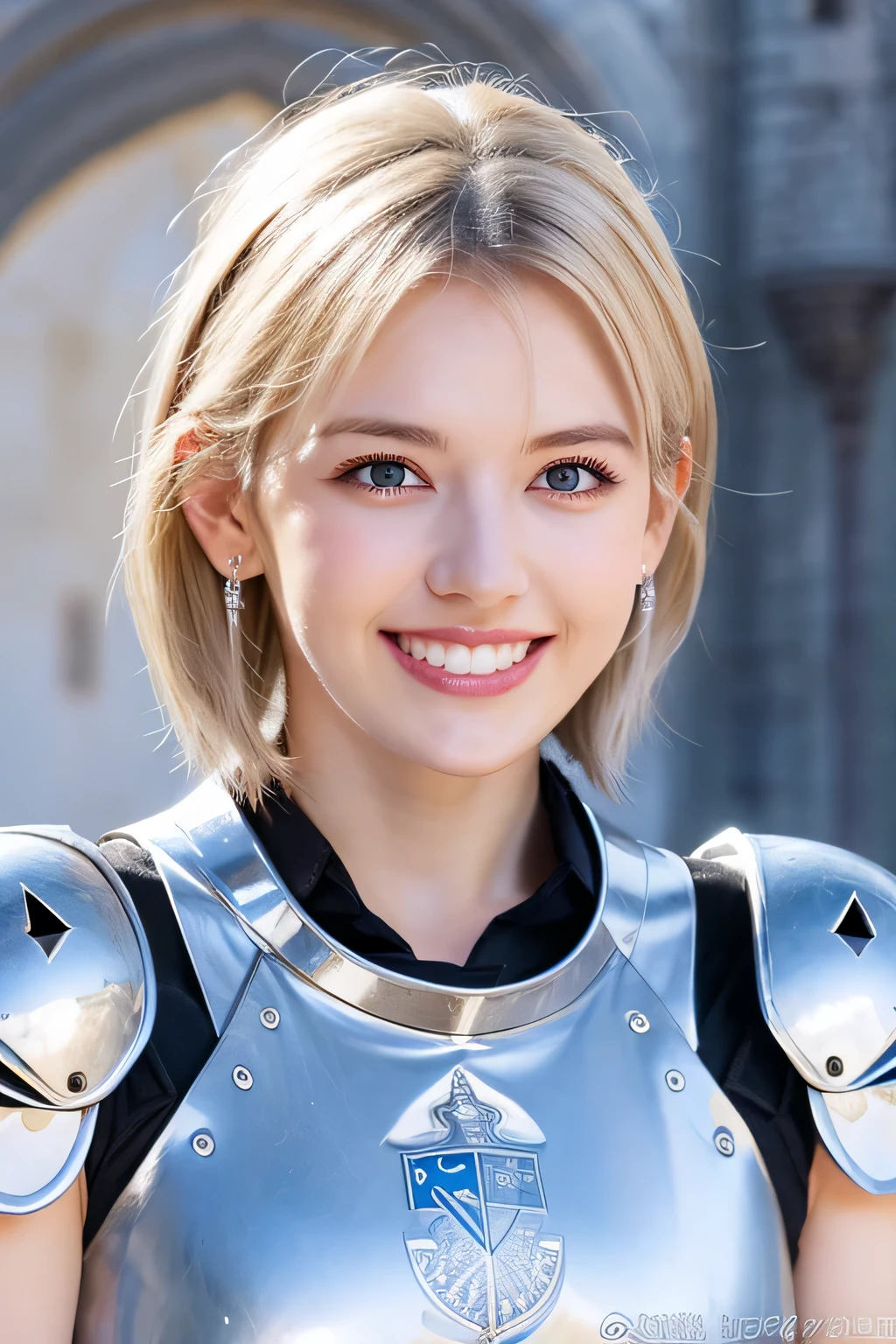 ８Ｋ、highest quality、female knight、The background is a castle、Luxurious Silver Armor、heavy equipment、hairstyle short cut、smile、beautiful teeth、full body photo、ear piercing、blonde、white woman、blue eyes、hair band、cloudy sky

