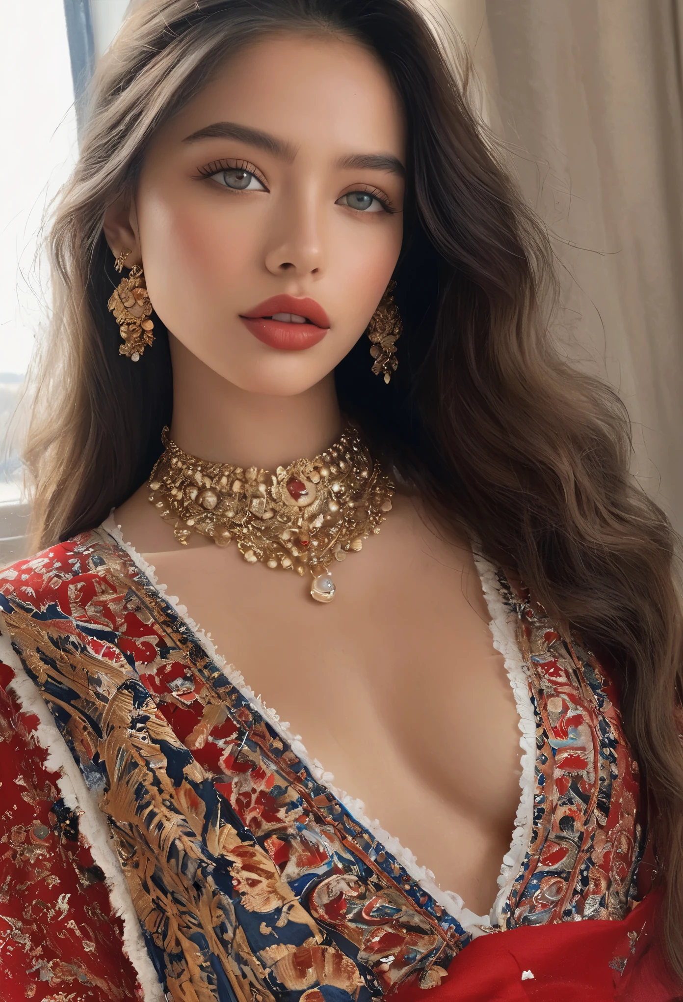 (highest quality, 4k, 8K, High resolution, masterpiece: 1.2), (Super detailed, realistic, realistic:1.37)Seductive young girl, Wearing a striking red and blue ensemble, Stand in front of the window with toughness and determination. Her mesmerizing eyes are exquisitely crafted, Capture every sparkle and depth, her lips、It boasts a detailed beauty that is captivating and enchanting.。. The level of detail is across the entire face, Each contour and feature is perfectly and meticulously rendered., Create a sense of hyperrealism that draws viewers in. 

girls&#39; clothes, Reminiscent of oil painting art, It is a work of art in itself. material, Skillfully expressed with vivid brush strokes, Adds a touch of dynamism to her overall look. It truly reflects the artist&#39;s talent, show off your skill