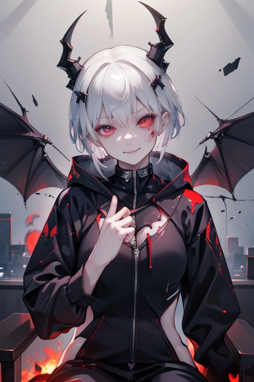 a female character, hoodie, blood rain, vempire smile, silver hair, devil hornes, background place in hell, hell queen dressup, left lighting devil eye, right eye godes angle, fire rain, engery face, full upper body, age 18, tite body, with power, devil wings, sitting on universal chair