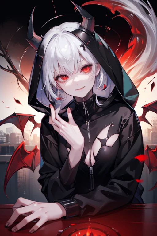 a female character, hoodie, blood rain, vempire smile, silver hair, devil hornes, background place in hell, hell queen dressup, left lighting devil eye, right eye godes angle, fire rain, engery face, full upper body, age 18, tite body, with power, devil wings, sitting on universal chair