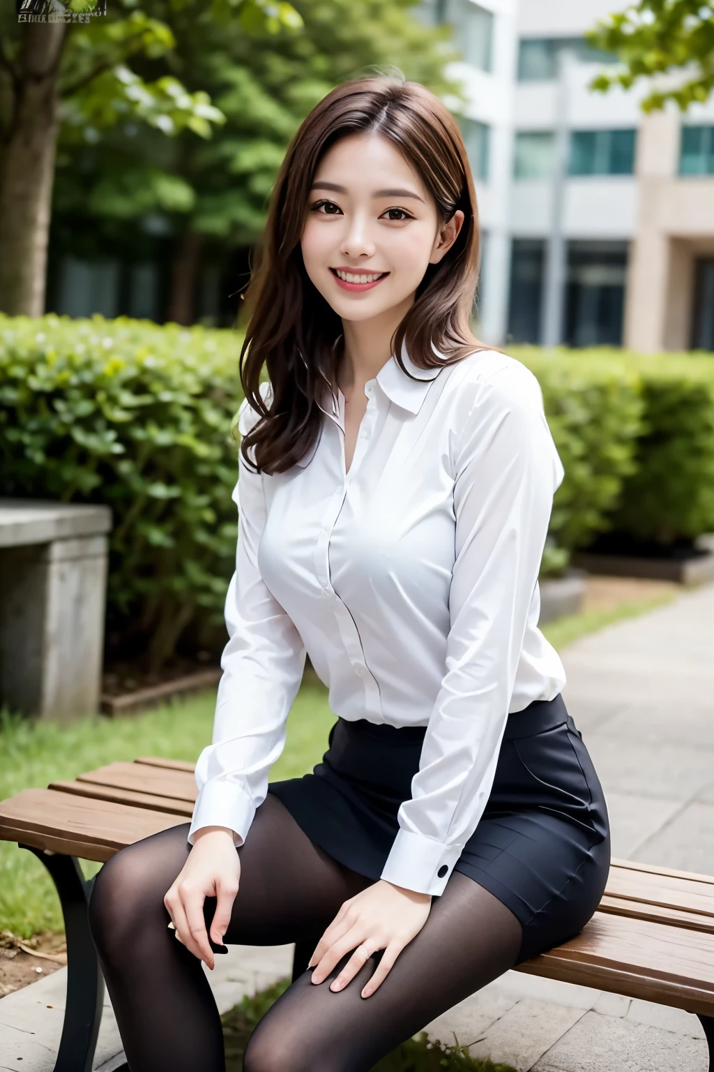Tabletop, Highest quality, Realistic, Very detailed, finely, High resolution, 8k wallpaper, 1. Beautiful Women,, Light brown messy hair, Wearing a business suit, Short harp focus, Perfect dynamic composition, finelyて美しい目, Thin Hair, Detailed and Realistic skin texture, smile, Model Body Type、Beautiful legs、Fresh green park bench、smile、