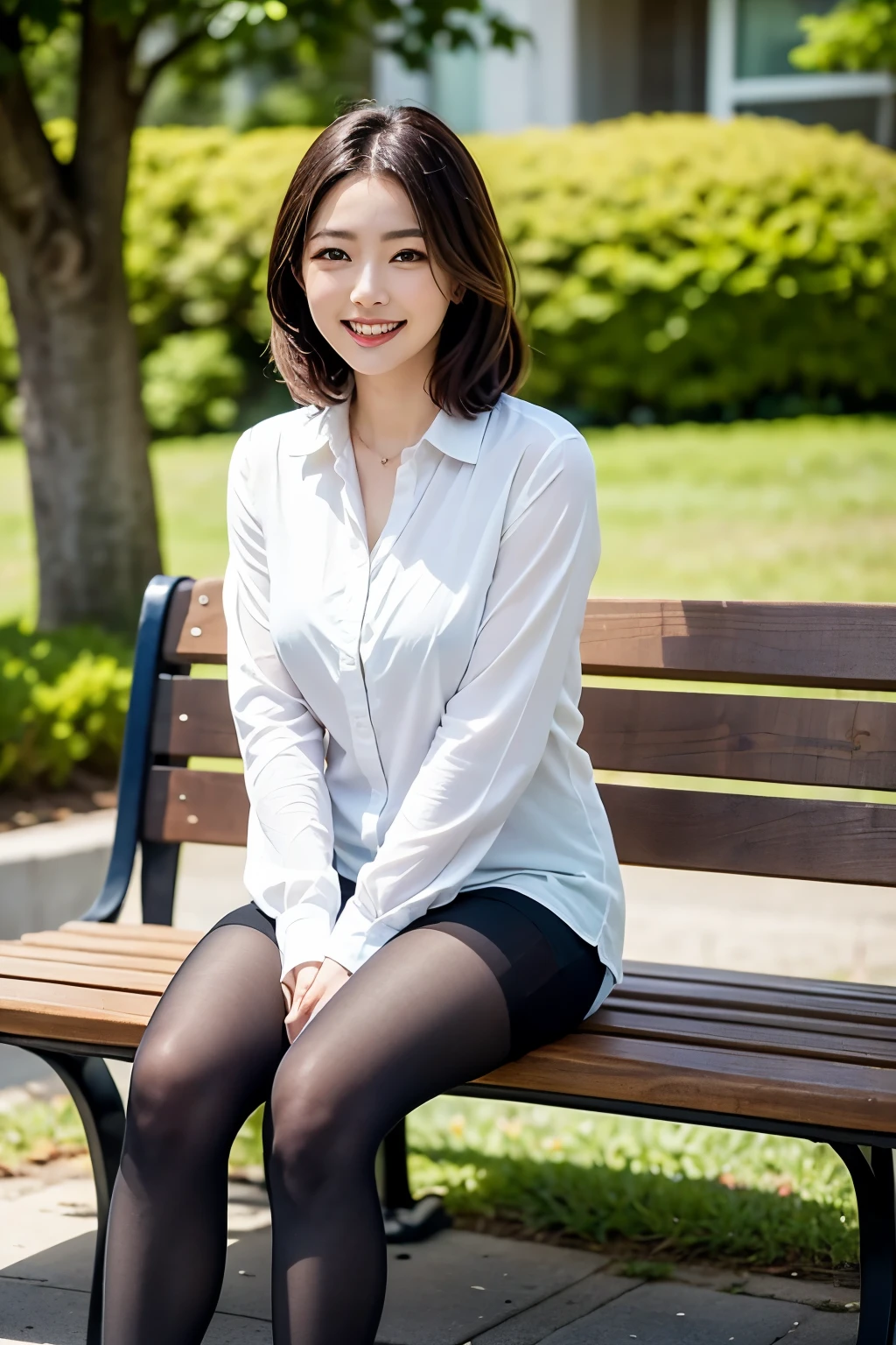 ulzzang-6500-v1.1,  (highest quality: 1.3), (masterpiece: 1.3), (Super detailed: 1.3), (genuine:1.4), (pieces fly), １woman、sunlight、Quiet park bench、spring fashion、Wearing super realistic pantyhose、amazingly beautiful woman、gentle smile、Premonition of romantic love、elation、enjoying、Filled with joy、Lots of fun、