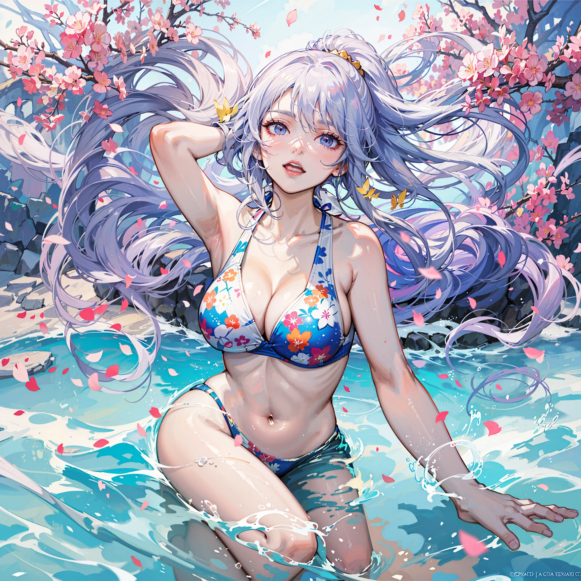 anime girl in a bikini in the water with flowers, official artwork, beautiful anime artwork, beautiful anime art, detailed digital anime art, trending on artstation pixiv, clean detailed anime art, splash art anime , official anime artwork, beautiful anime girl, digital anime illustration, pixiv contest winner, goddess of summer, digital anime art, anime style 4 k