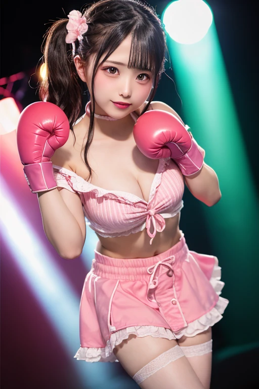 {{1 girl}}, {{highest quality}}, ************、Cute girl in high school, A girl wearing a pink and mint green shirt, girl with pink boxing gloves, shorts, off shoulder girl、cute、plump thighs、big breasts、Stand in the boxing ring、Dark background、girl illuminated by lights、Woman in shortcuts、Fluttering skirt、Punch Pose、((spread legs:1.5))、((Breasts exposed:1.5))、（(mini skirt:1.5)),((No panties:1.5))、((Low - Angle:1.5))、