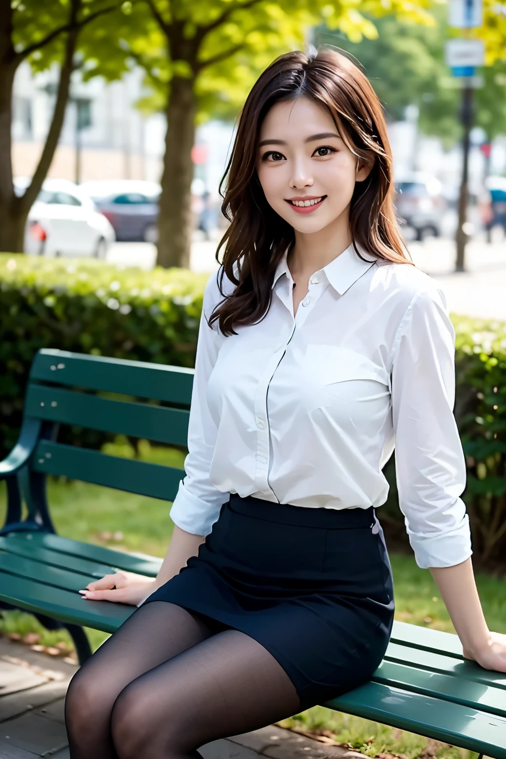 ulzzang-6500-v1.1,  (highest quality: 1.3), (masterpiece: 1.3), (Super detailed: 1.3), (genuine:1.4), (pieces fly), １woman、sunlight、Quiet park bench、spring fashion、Wearing super realistic pantyhose、amazingly beautiful woman、gentle smile、Premonition of romantic love、elation、enjoying、Filled with joy、Lots of fun、