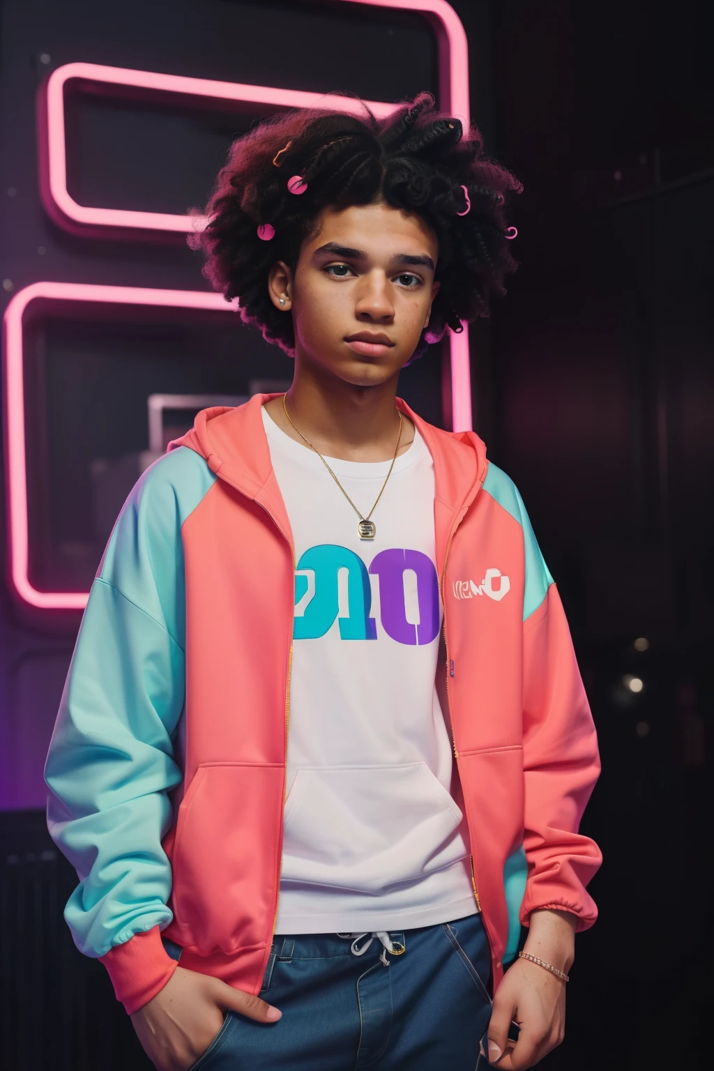 London, 2023. A young ((((19-year-old)) Liam Harper)), influencer, in a party with neon lights, ((confused and sad expression)), ((((clothings from the 2020s)))), ((curly hairstyle of the 2020s))