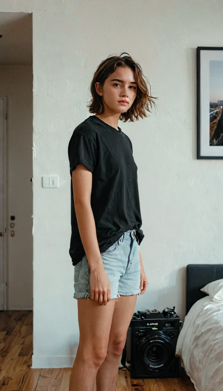 Realistic cinematic amateur phography posted to facebook, handsome Tomboy (Minimal Condo) ,Fujifilm XT3, Canon R5