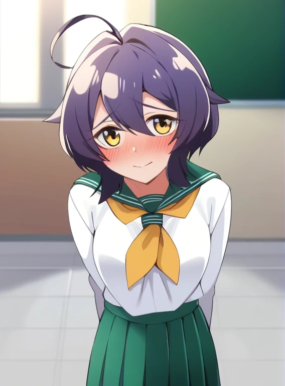 score_4, score_5, score_6, score_9, score_8_superior, score_7_superior, alone,  Utenasuru, short hair, purple hair, Ahoge, yellow eyes, green seraphuku, (white shirt, long sleeve), pleated skirt, green skirt, long skirt,  yellow neckerchief,  , classroom, throw, Self snap, blush, nervous, looking at the viewer, 