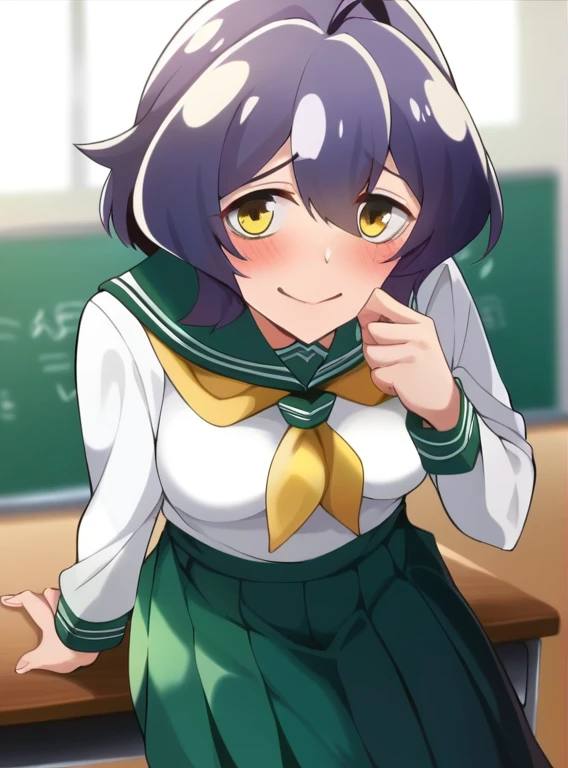 score_4, score_5, score_6, score_9, score_8_superior, score_7_superior, alone,  Utenasuru, short hair, purple hair, Ahoge, yellow eyes, green seraphuku, (white shirt, long sleeve), pleated skirt, green skirt, long skirt,  yellow neckerchief,  , classroom, throw, Self snap, blush, nervous, looking at the viewer, 