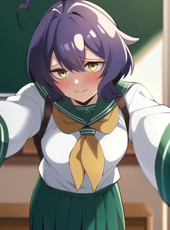 score_4, score_5, score_6, score_9, score_8_superior, score_7_superior, alone,  Utenasuru, short hair, purple hair, Ahoge, yellow eyes, green seraphuku, (white shirt, long sleeve), pleated skirt, green skirt, long skirt,  yellow neckerchief,  , classroom, throw, Self snap, blush, nervous, looking at the viewer, 