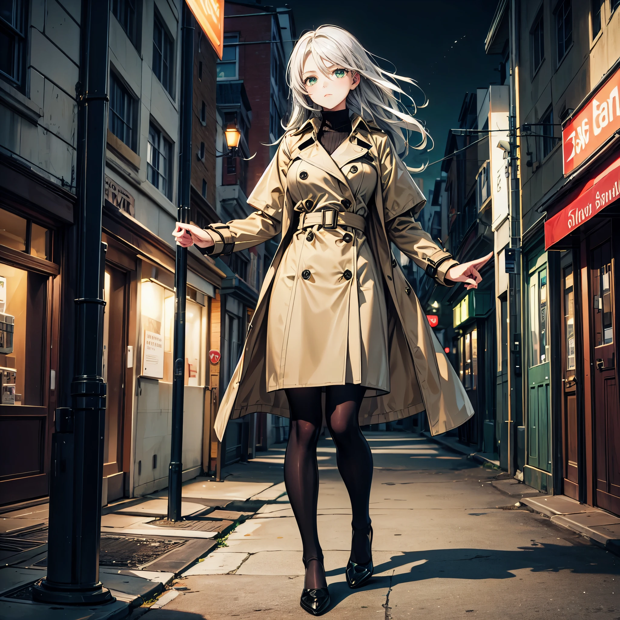 (masterpiece, best quality), 1 girl, teen, slim body, long white hair, green eyes, wearing beige trench coat, wearing black tights, walking on the street at evening, spy