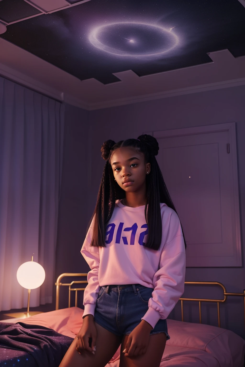 London, 2023. A young ((((19-year-old)) Maia Allen)), in her bedroom, stars in the ceiling, ((sad expression)), ((((clothings from the 2020s)))), ((hairstyle of the 2020s))