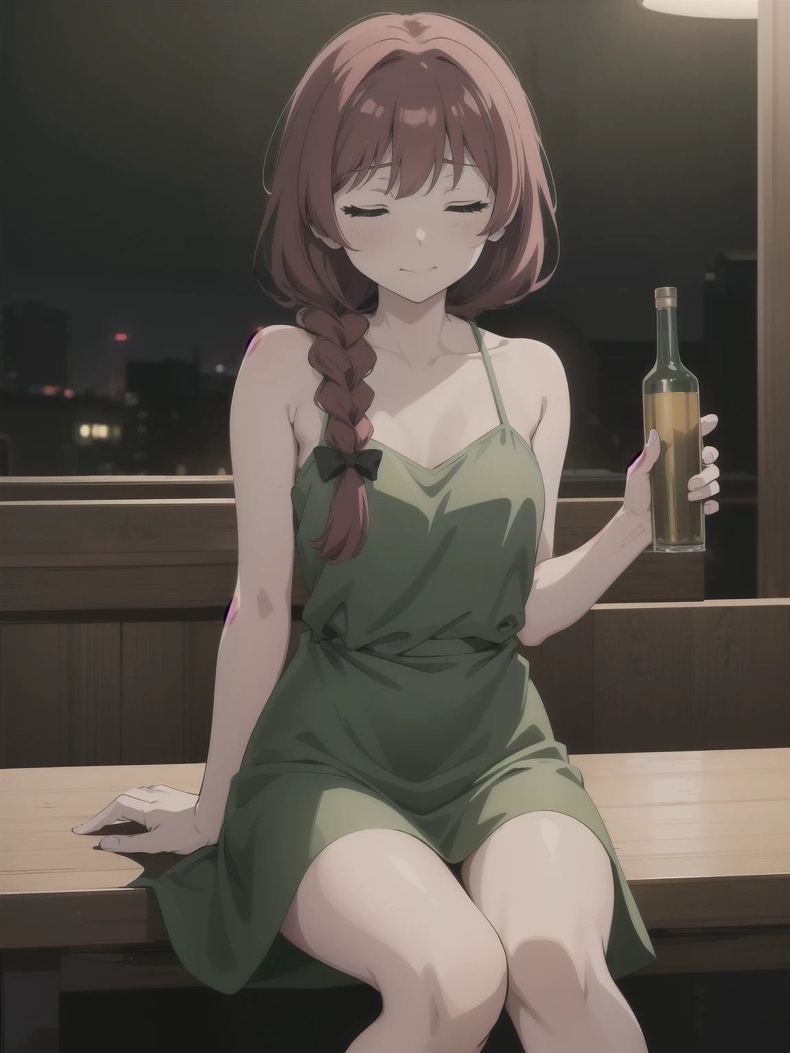 { masterpiece : best quality : high resolution : unity 8k wallpaper : illustration } { Background = night bar } { Hiroi Kikuri : red braided hair : perfect slender body : perfectly small shape breast : green dress : closed eyes : drunk : sitting at a booth }