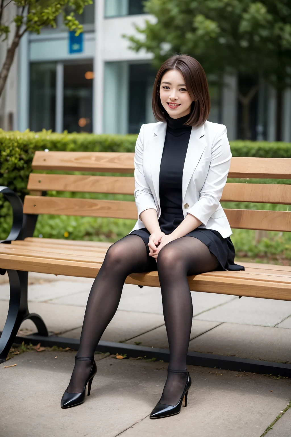 ulzzang-6500-v1.1,  (highest quality: 1.3), (masterpiece: 1.3), (Super detailed: 1.3), (genuine:1.4), (pieces fly), １woman、sunlight、Quiet park bench、spring fashion、Wearing super realistic pantyhose、amazingly beautiful woman、gentle smile、Premonition of romantic love、elation、enjoying、Filled with joy、Lots of fun、