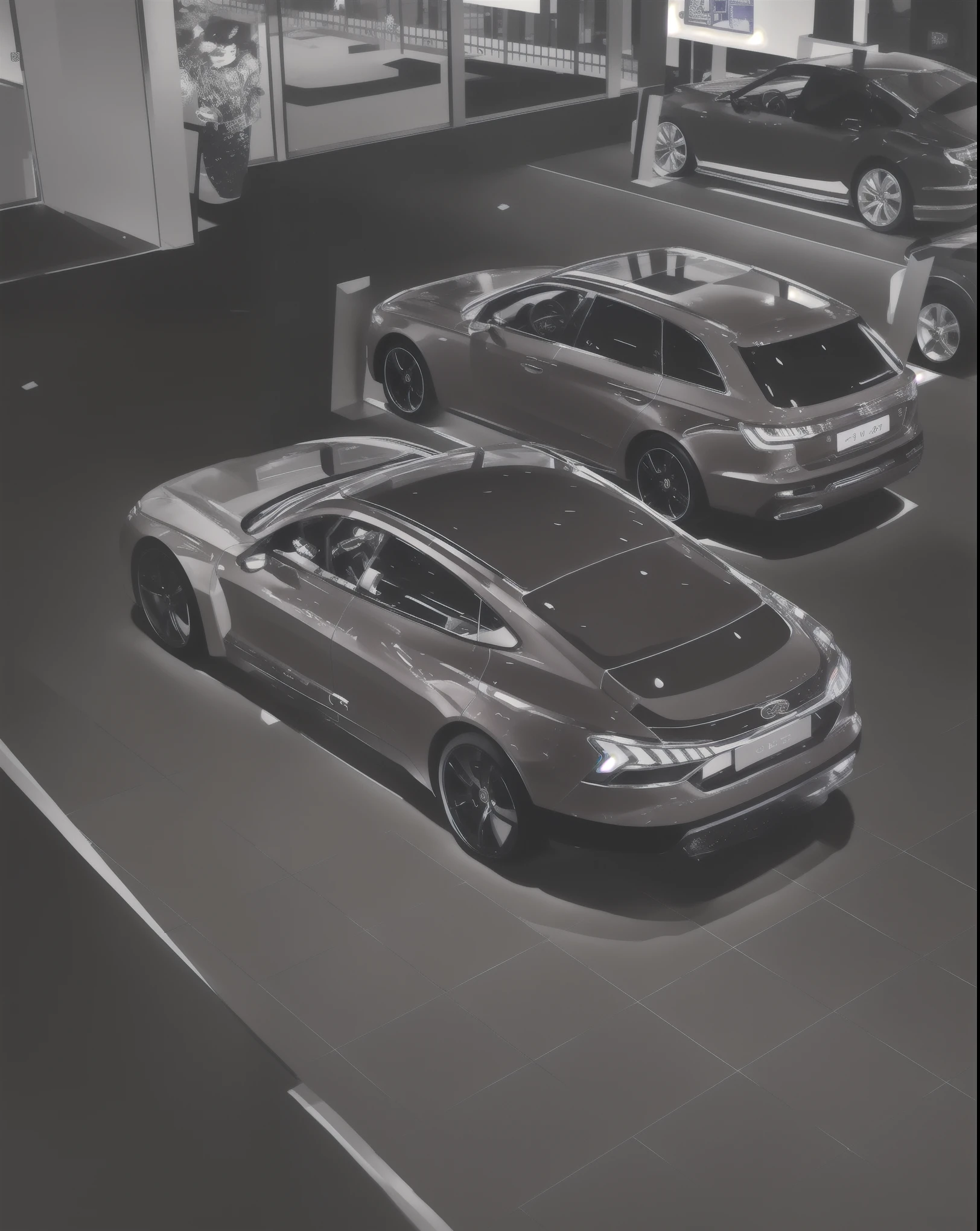 阿拉夫德视图的car展示厅与各种car, With stylish spoilers, concept, s line, car, Edited, Award-winning masterpiece, 🔞🤡, concept ar, Thumbnail, car的全视图, Medium shot from behind, Wide-angle lens, author:Oscar Lucey, Taken on iPhone 14 Pro